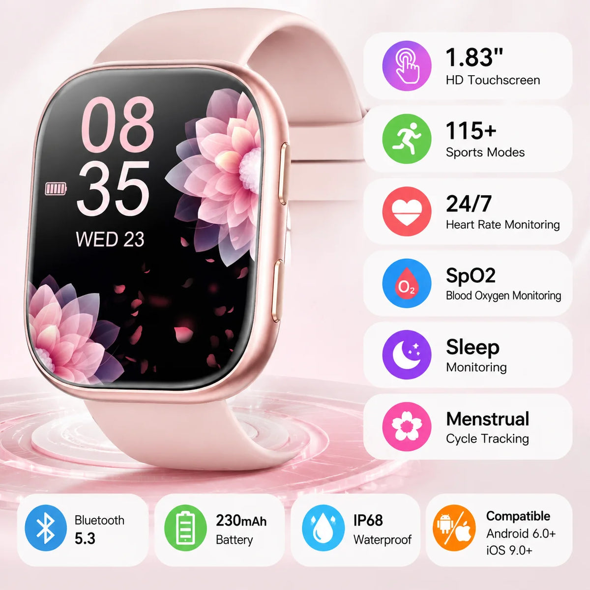 Women Smart Watch Featuring Heart Rate Monitor And Waterproof Design