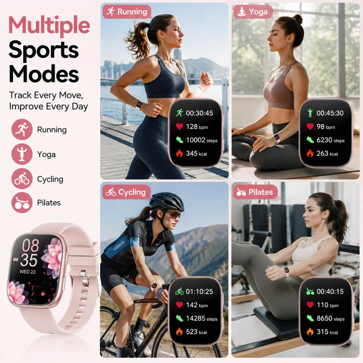 Women Smart Watch Featuring Heart Rate Monitor And Waterproof Design