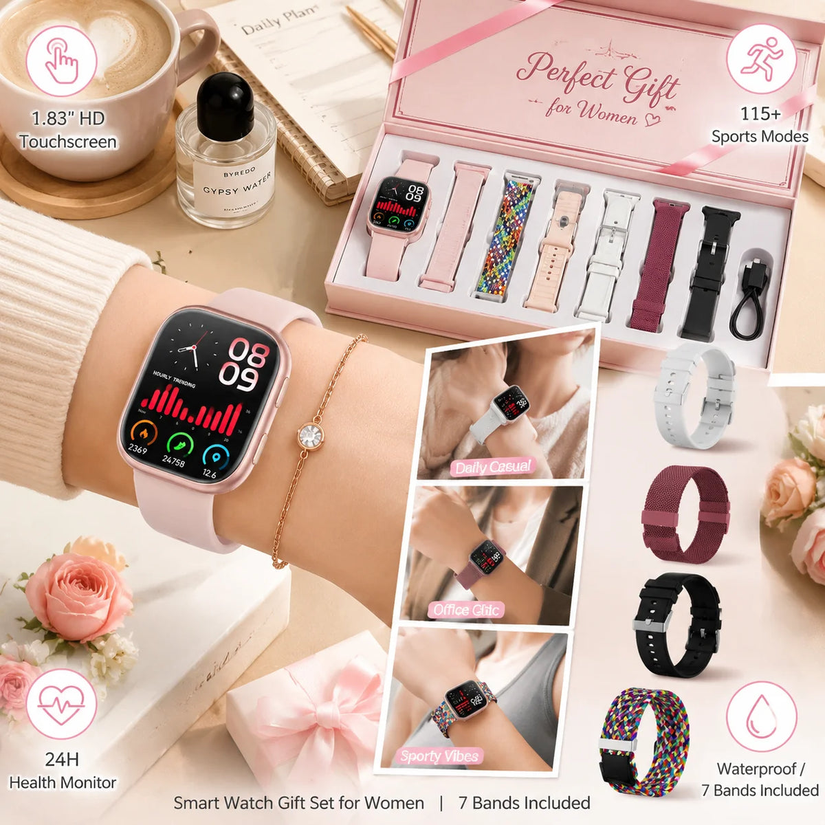 Women Smart Watch Featuring Heart Rate Monitor And Waterproof Design