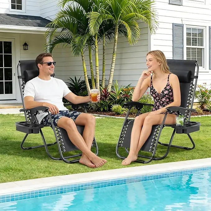 HiMiss Outdoor Folding Lounge Chair With Pillow And Cup Holder
