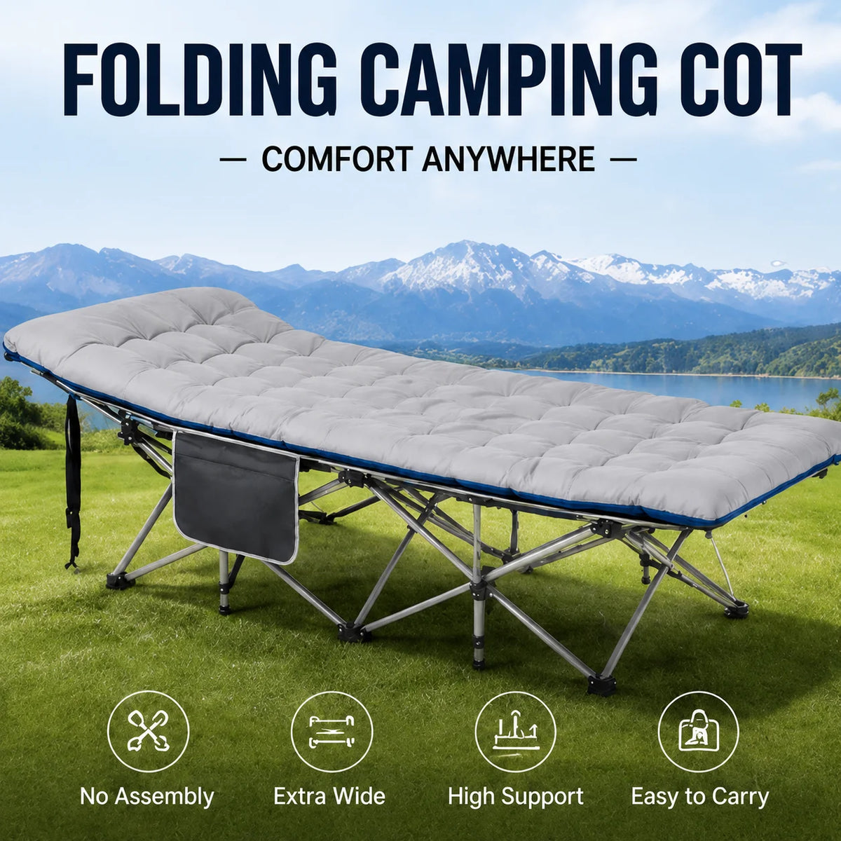 Portable Folding Camping Cot with Thick Mattress and Steel Frame