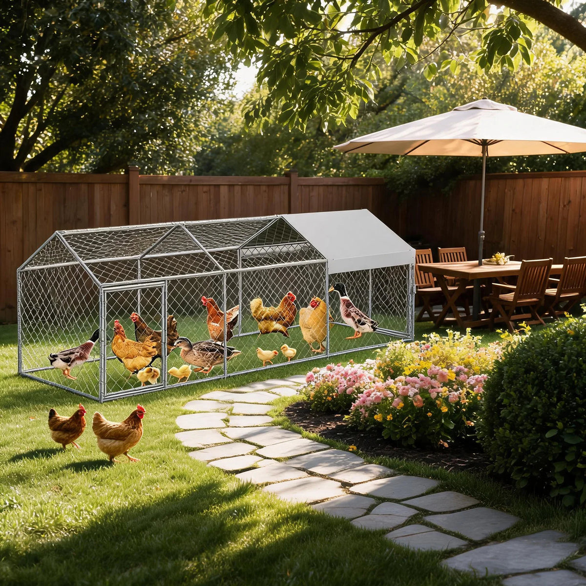 Portable Metal Chicken Coop 120x40x40in Chicken Run For Yard With Anti-UV Waterproof Cover, Poultry Cage For Ducks Rabbits