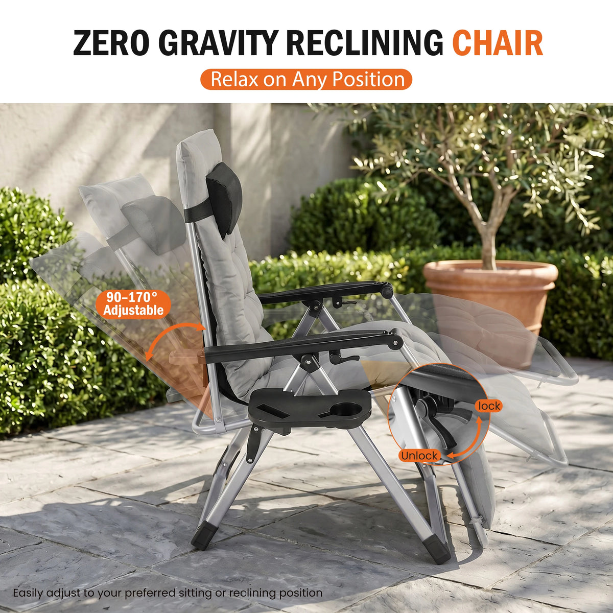 JHK Zero Gravity Reclining Camping Lounge Chair With Soft Cushion