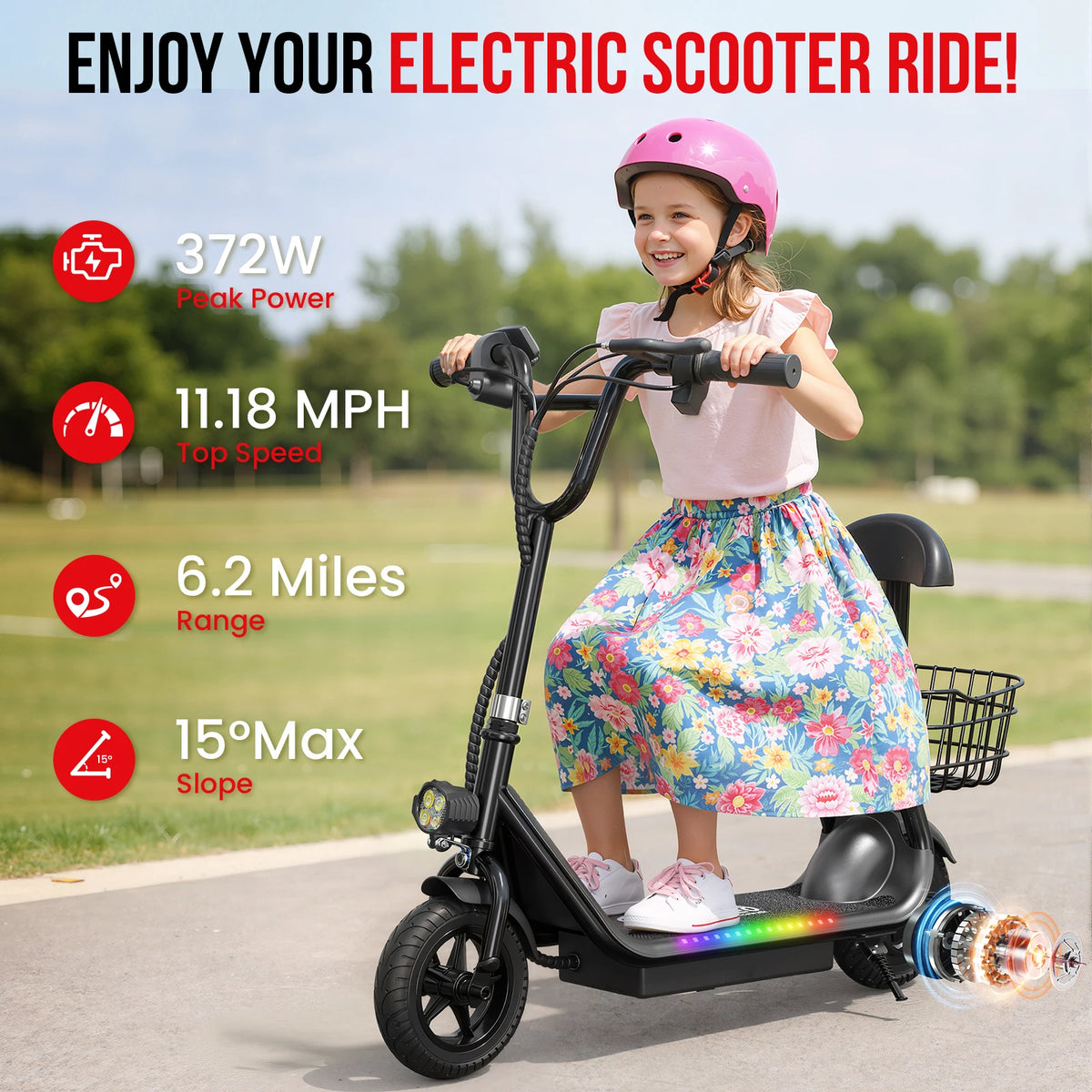 Eilleo Spacewalk Kids Electric Scooter Bluetooth Speaker Foldable Seat