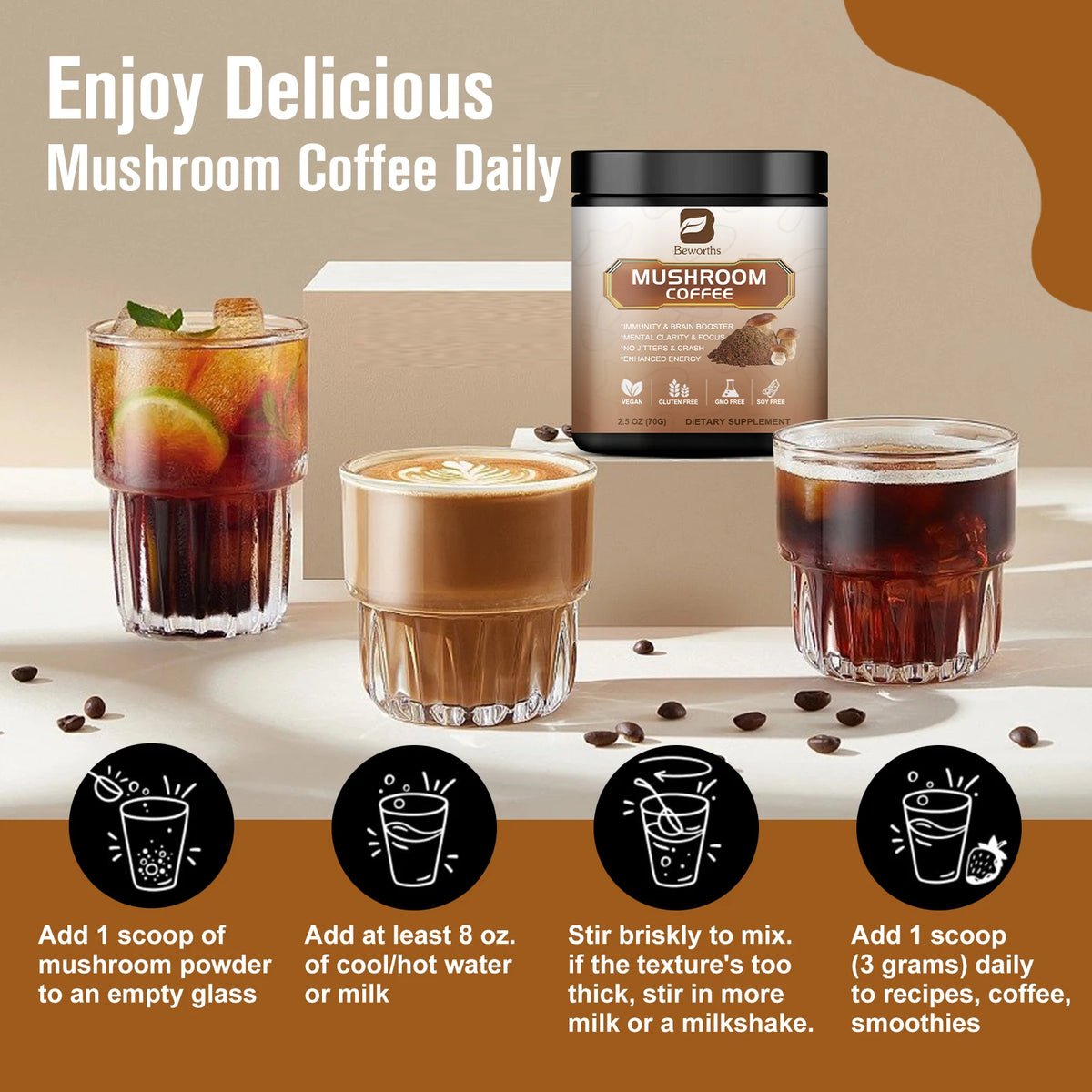 Alliwise Organic Lion Mane Mushroom Coffee Reishi Cordyceps Turkey Tail