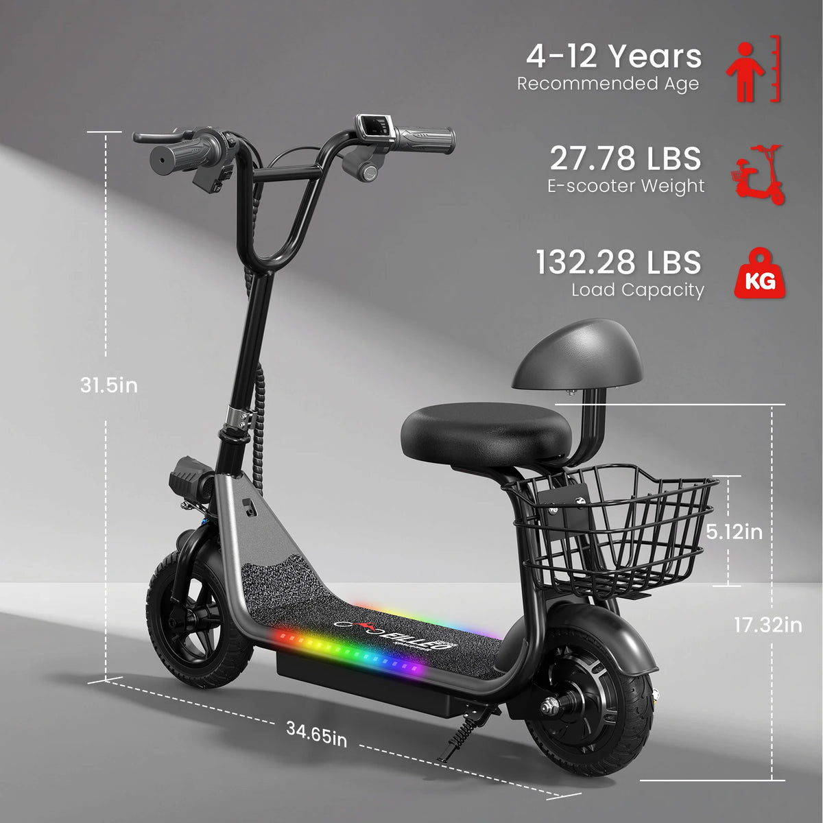 Eilleo Spacewalk Kids Electric Scooter Bluetooth Speaker Foldable Seat