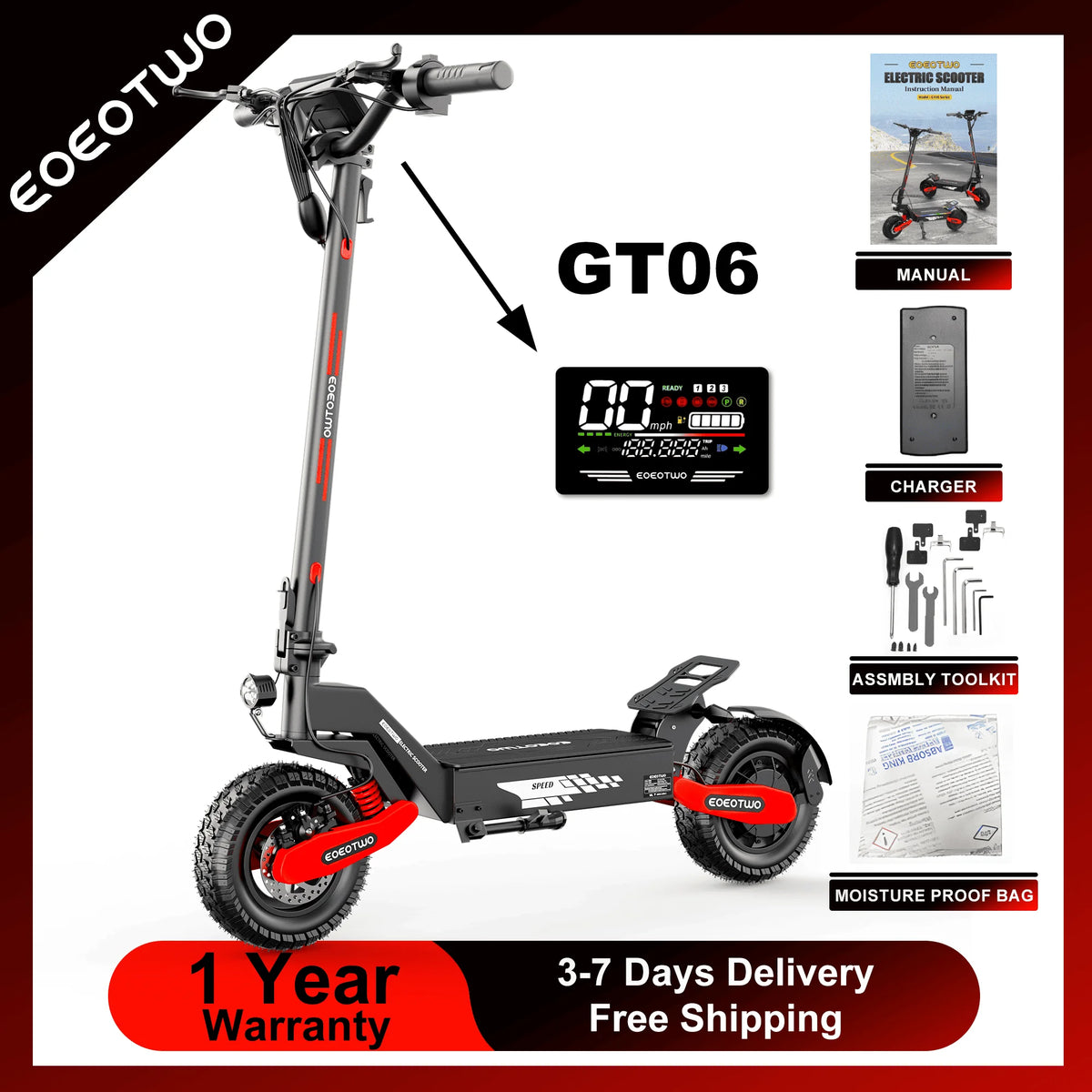 EOEOTWO GT06 Adult Electric Scooter 1200W Motor Foldable Commuting