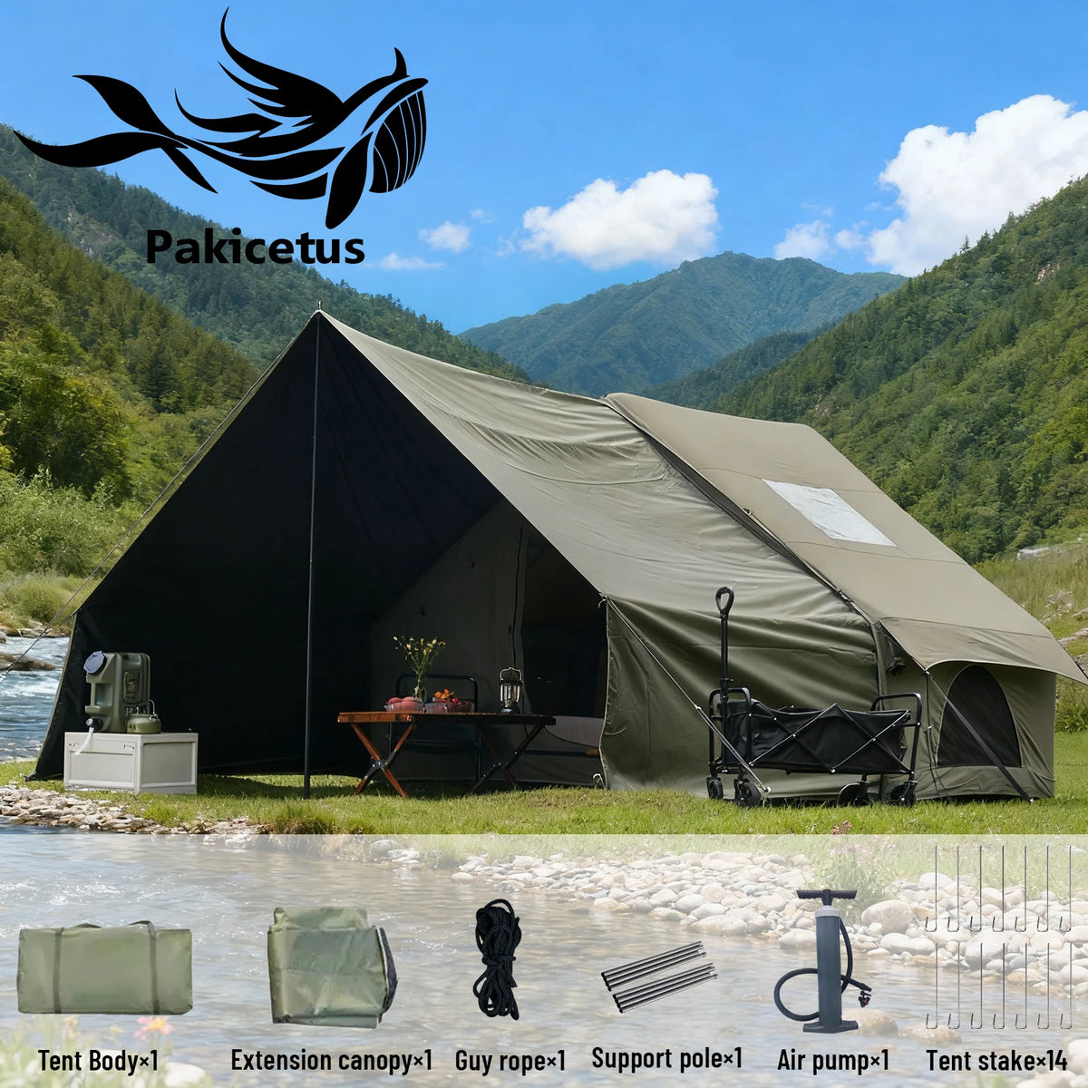 Pakicetus Inflatable Camping Tent With Extended Sun Canopy And Uv Protection
