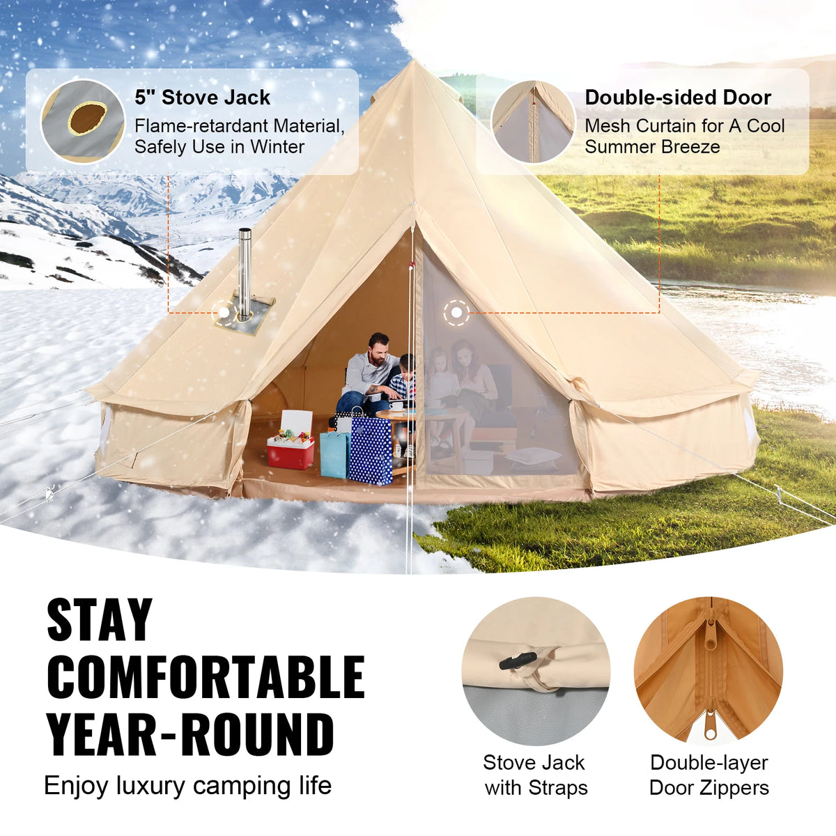 SucceBuy Canvas Bell Tent Four Seasons Camping Yurt With Stove