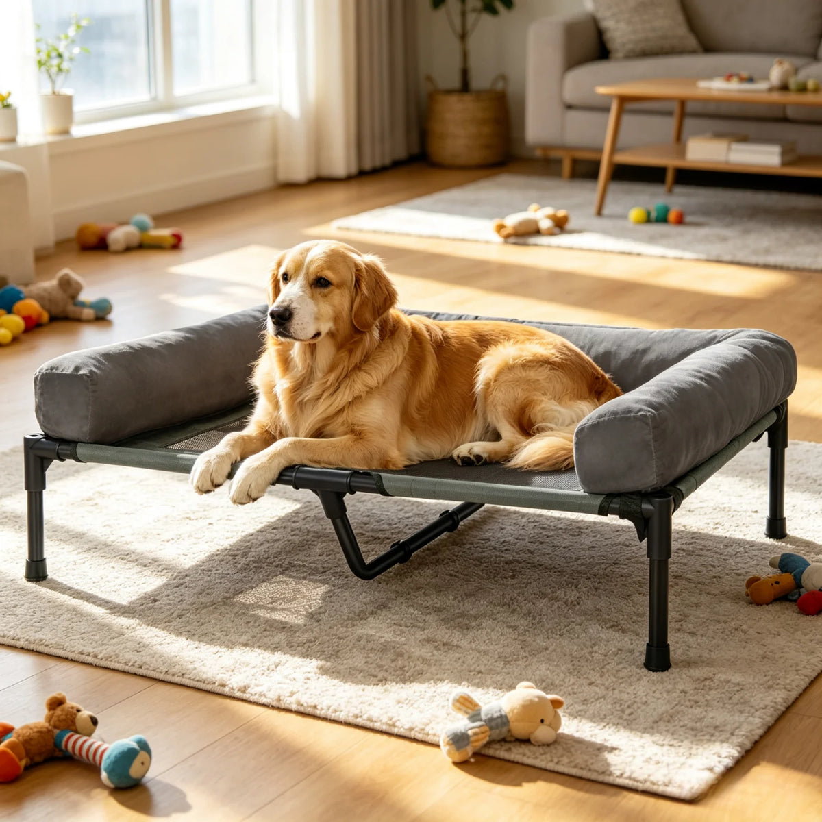 L-2XL Outdoor IndoorElevated Dog Bed for Large Sized Dog Cooling Raised Cot Pet Hammock Bed with Detachable Plush Bolster Breathable Mesh
