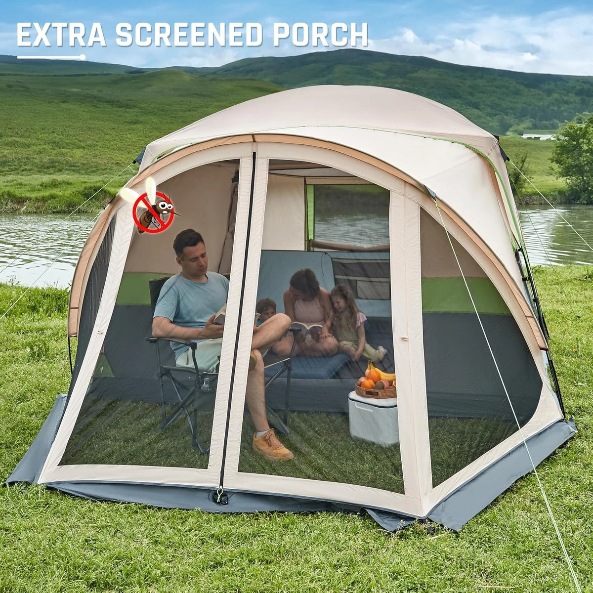 Weatherproof Family Camping Tent With Screen Porch And Rainfly