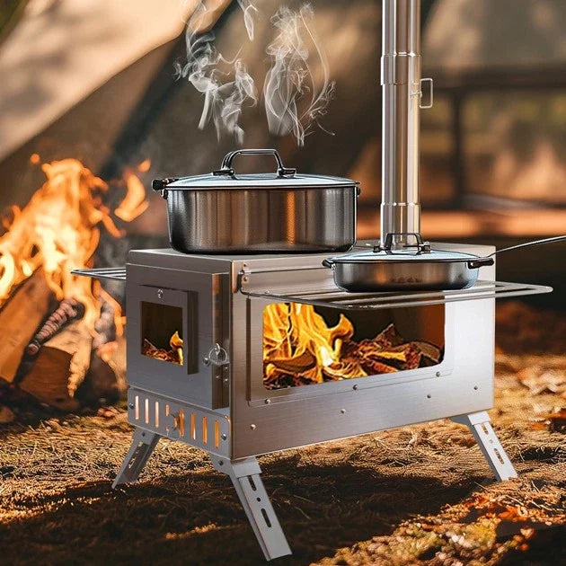 Portable Stainless Wood Burning Camp Stove With Chimney Pipes