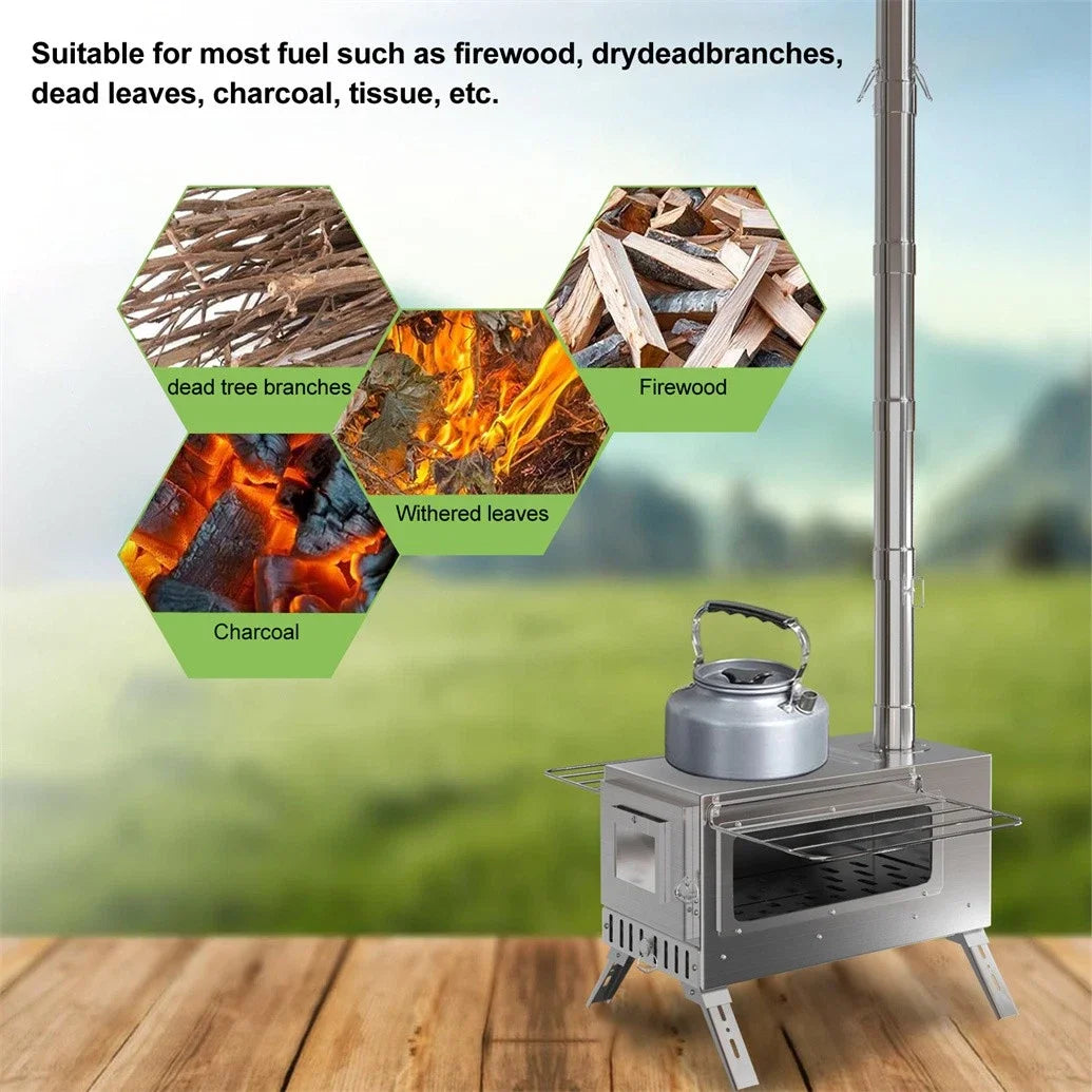 Portable Stainless Wood Burning Camp Stove With Chimney Pipes