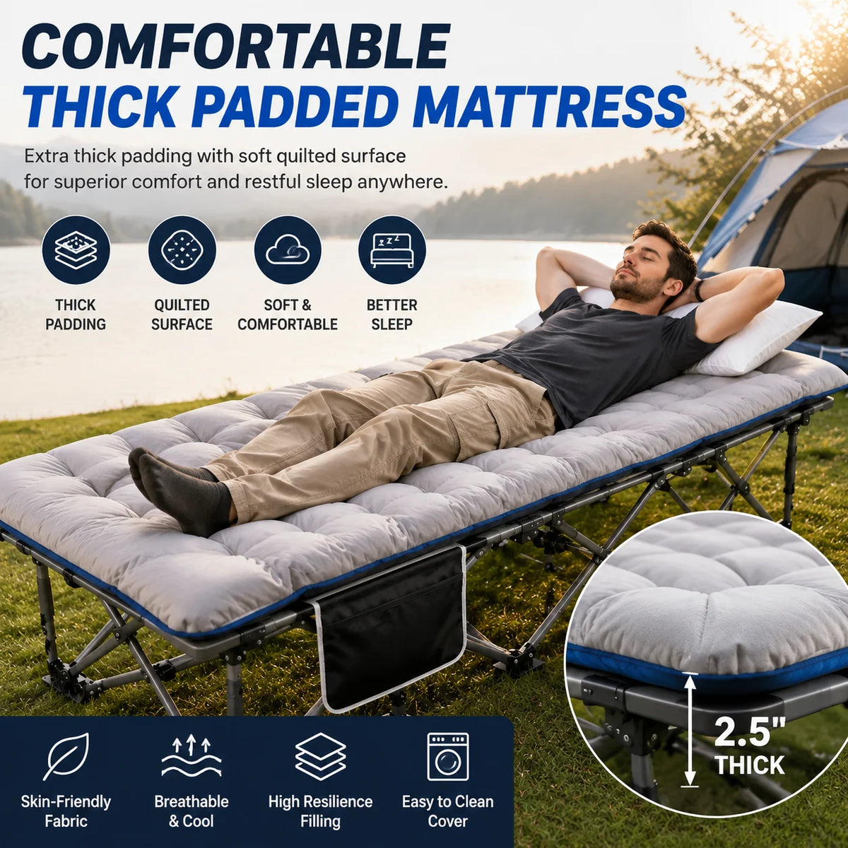 Portable Foldable Camping Cot With Thick Padded Mattress For Guests