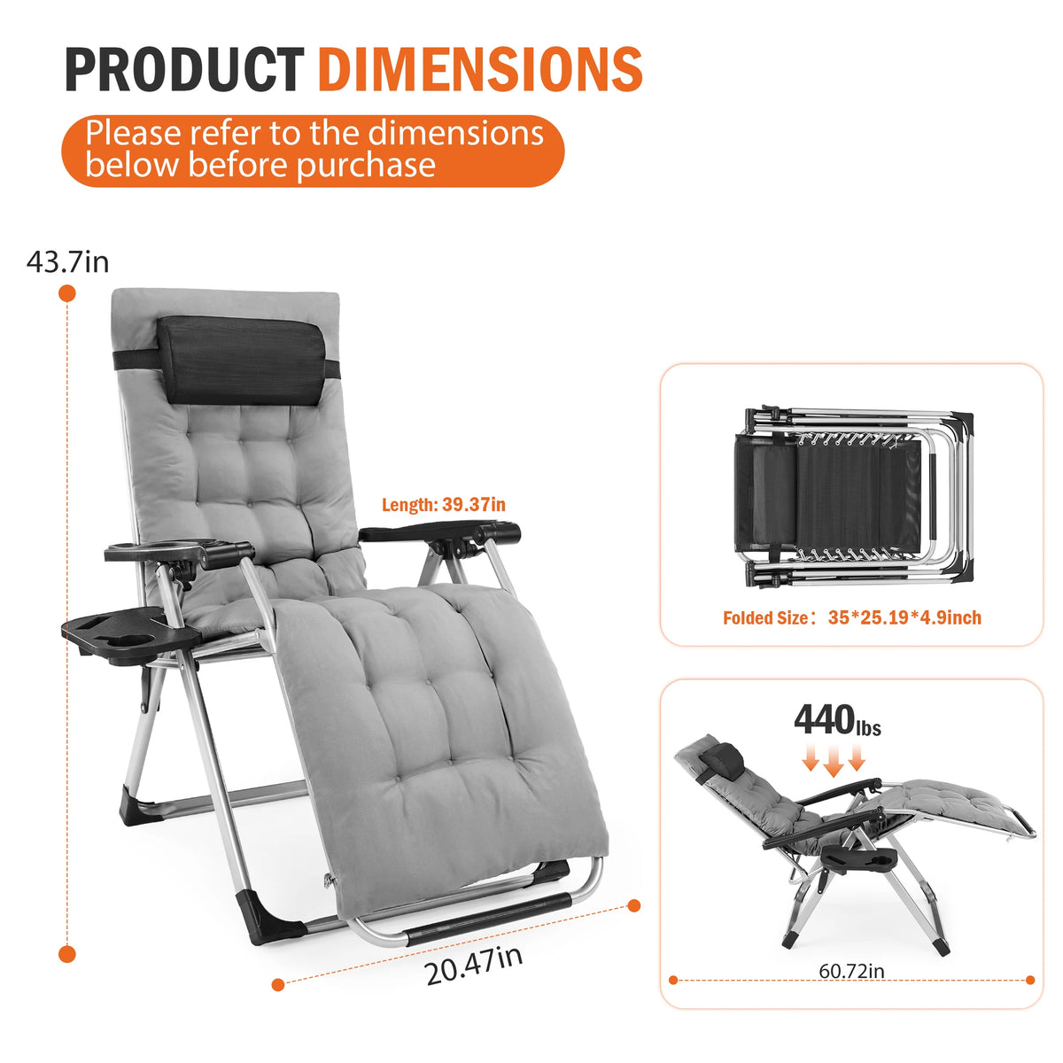 JHK Zero Gravity Reclining Camping Lounge Chair With Soft Cushion