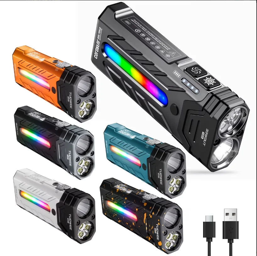 Rechargeable Magnetic LED Flashlight Featuring RGB Lighting And Portable Design