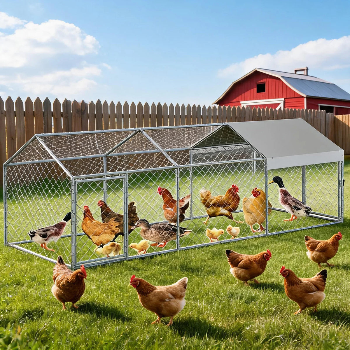 Portable Metal Chicken Coop 120x40x40in Chicken Run For Yard With Anti-UV Waterproof Cover, Poultry Cage For Ducks Rabbits