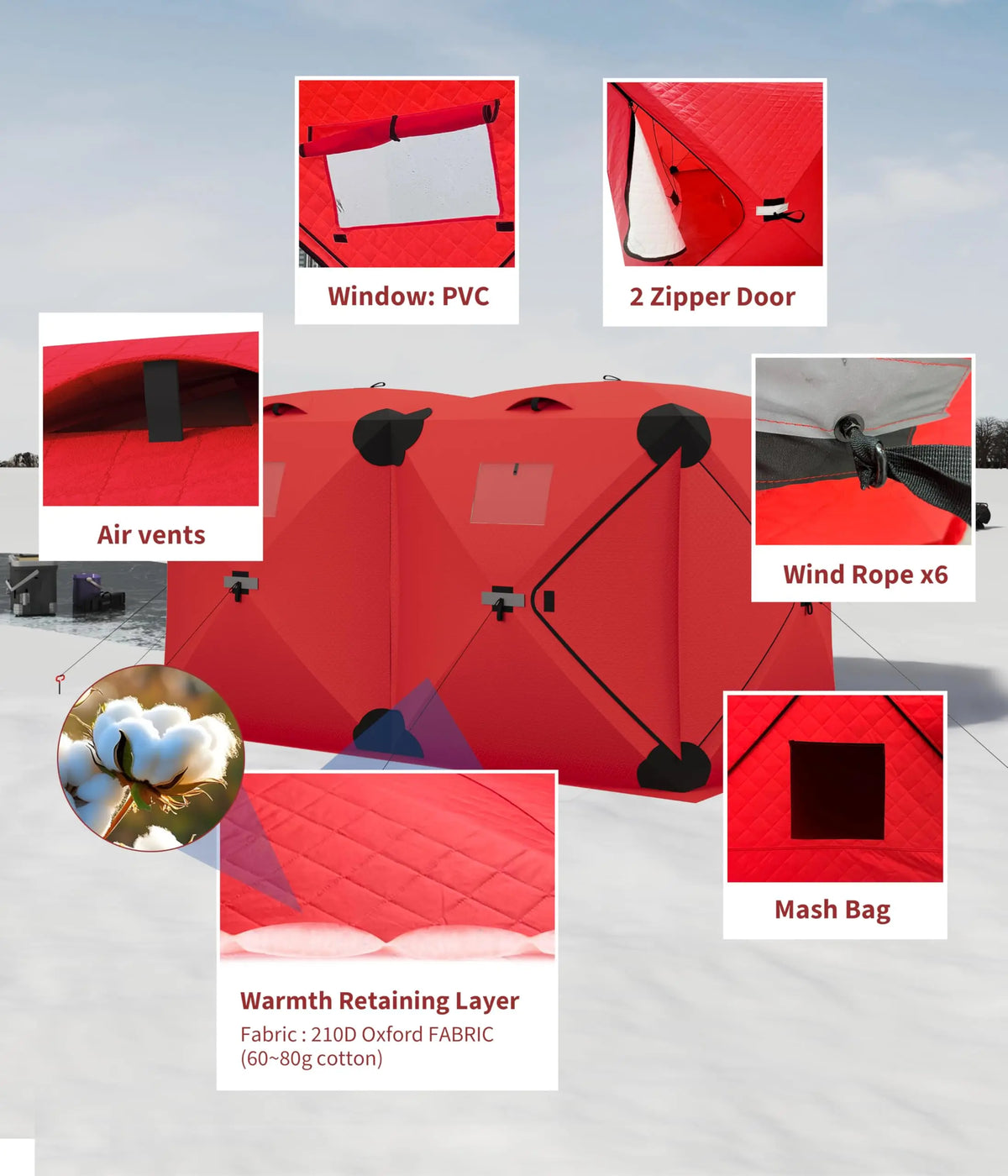 Insulated Windproof Portable Hub Style Ice Fishing Tent
