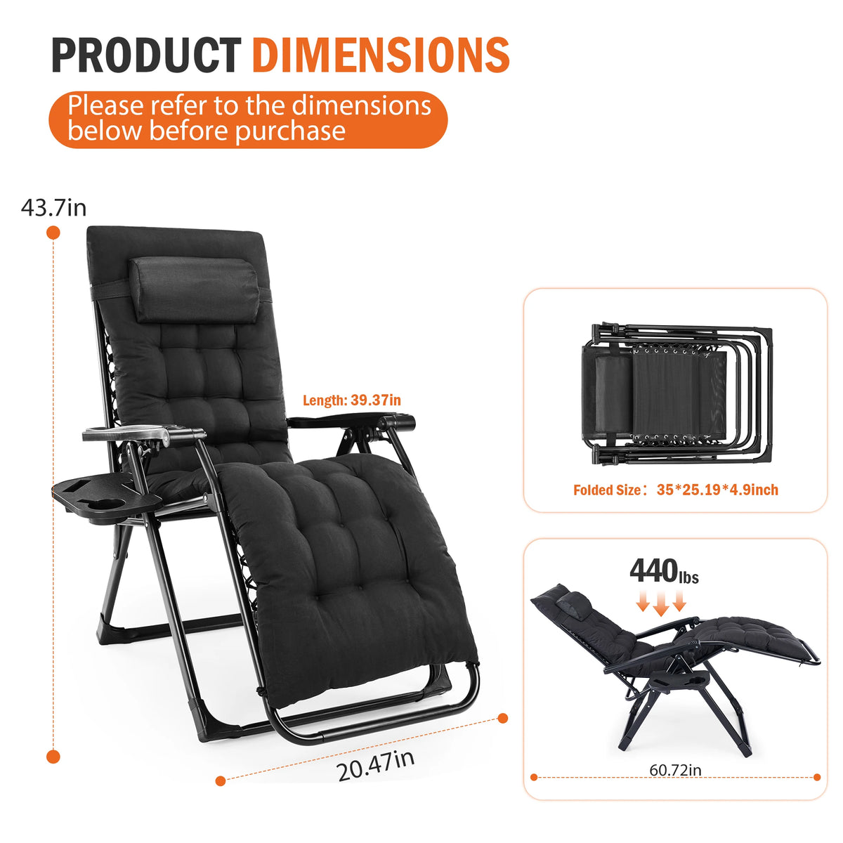JHK Zero Gravity Reclining Camping Lounge Chair With Soft Cushion