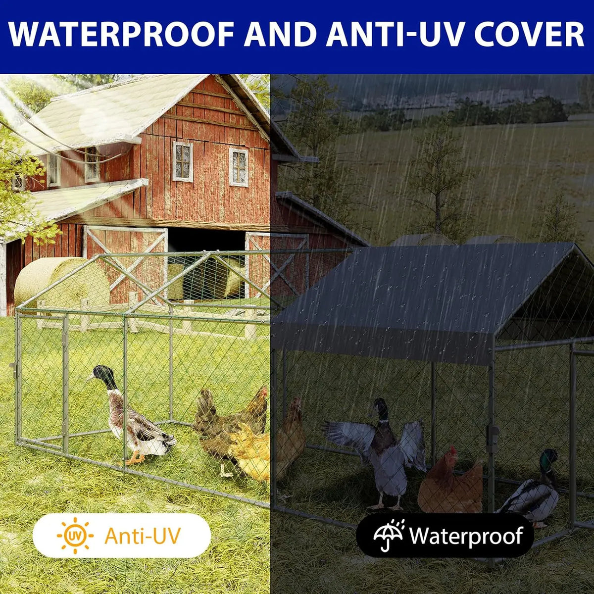 Portable Metal Chicken Coop 120x40x40in Chicken Run For Yard With Anti-UV Waterproof Cover, Poultry Cage For Ducks Rabbits