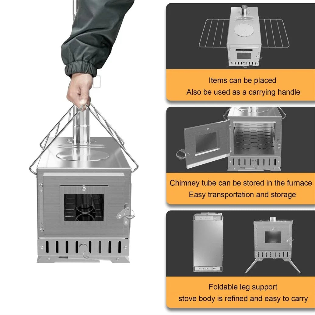 Portable Stainless Wood Burning Camp Stove With Chimney Pipes