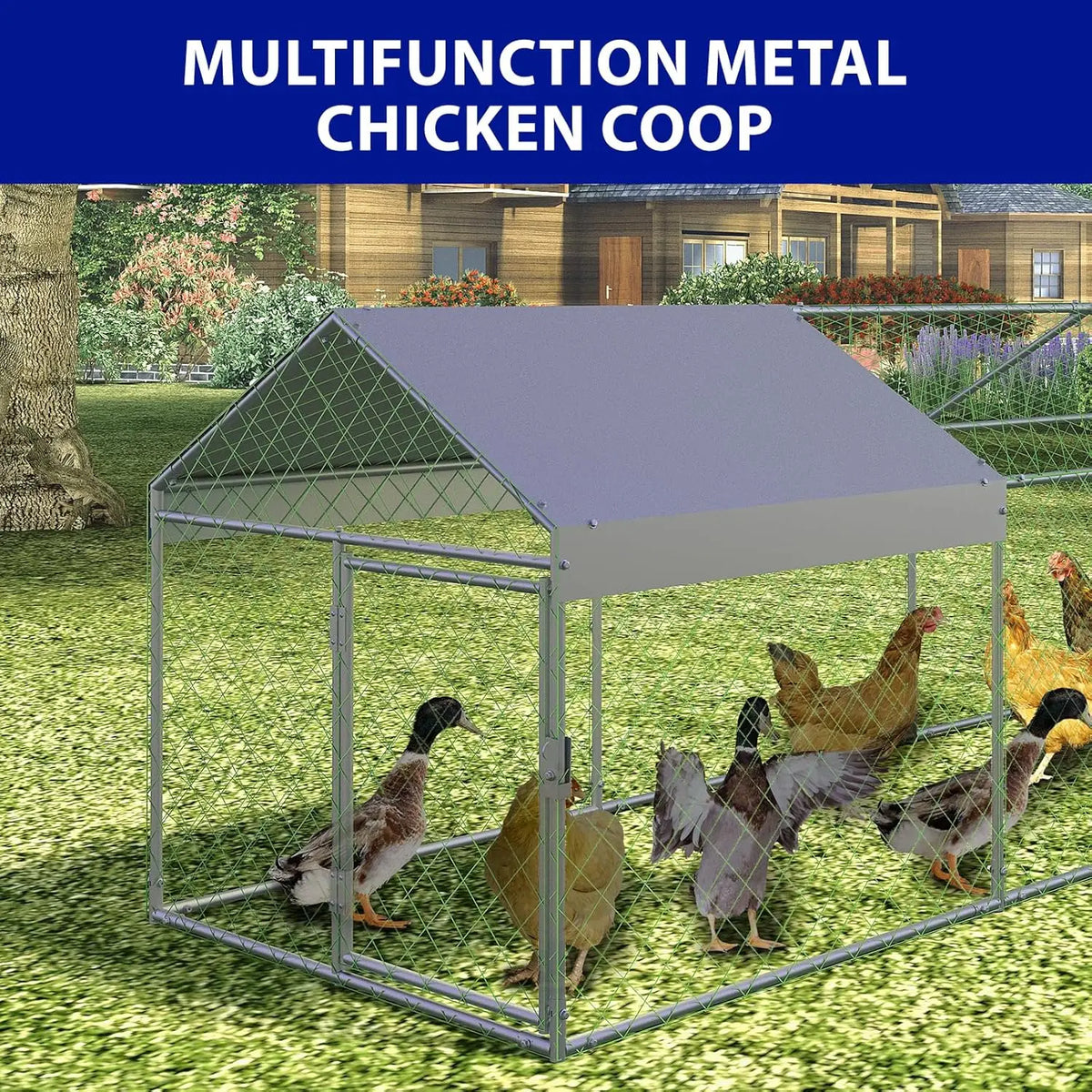 Portable Metal Chicken Coop 120x40x40in Chicken Run For Yard With Anti-UV Waterproof Cover, Poultry Cage For Ducks Rabbits