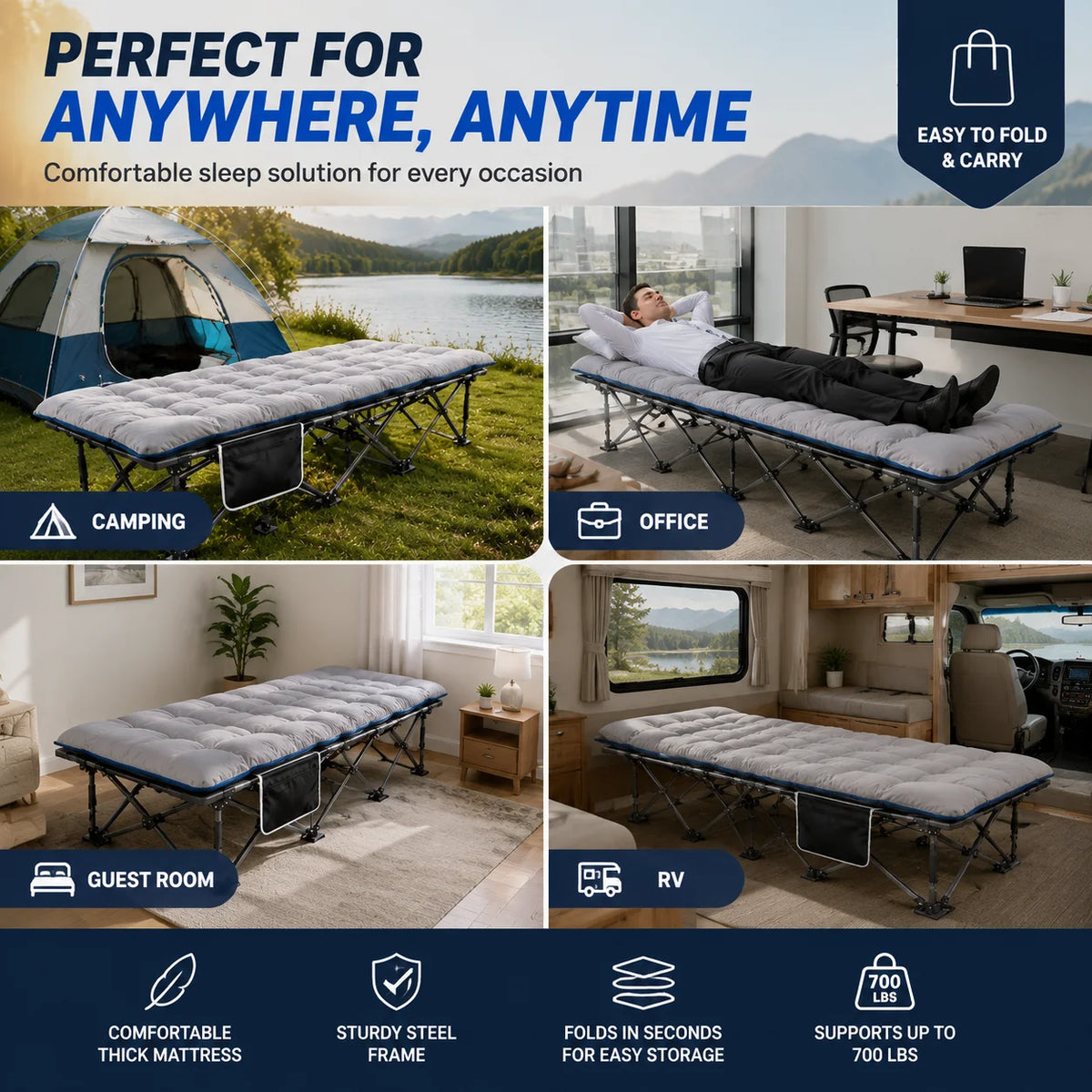 Portable Foldable Camping Cot With Thick Padded Mattress For Guests