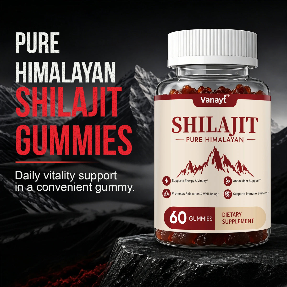 Vanayt Pure Himalayan Shilajit Gummies Ashwagandha Ginger Energy Supplement
