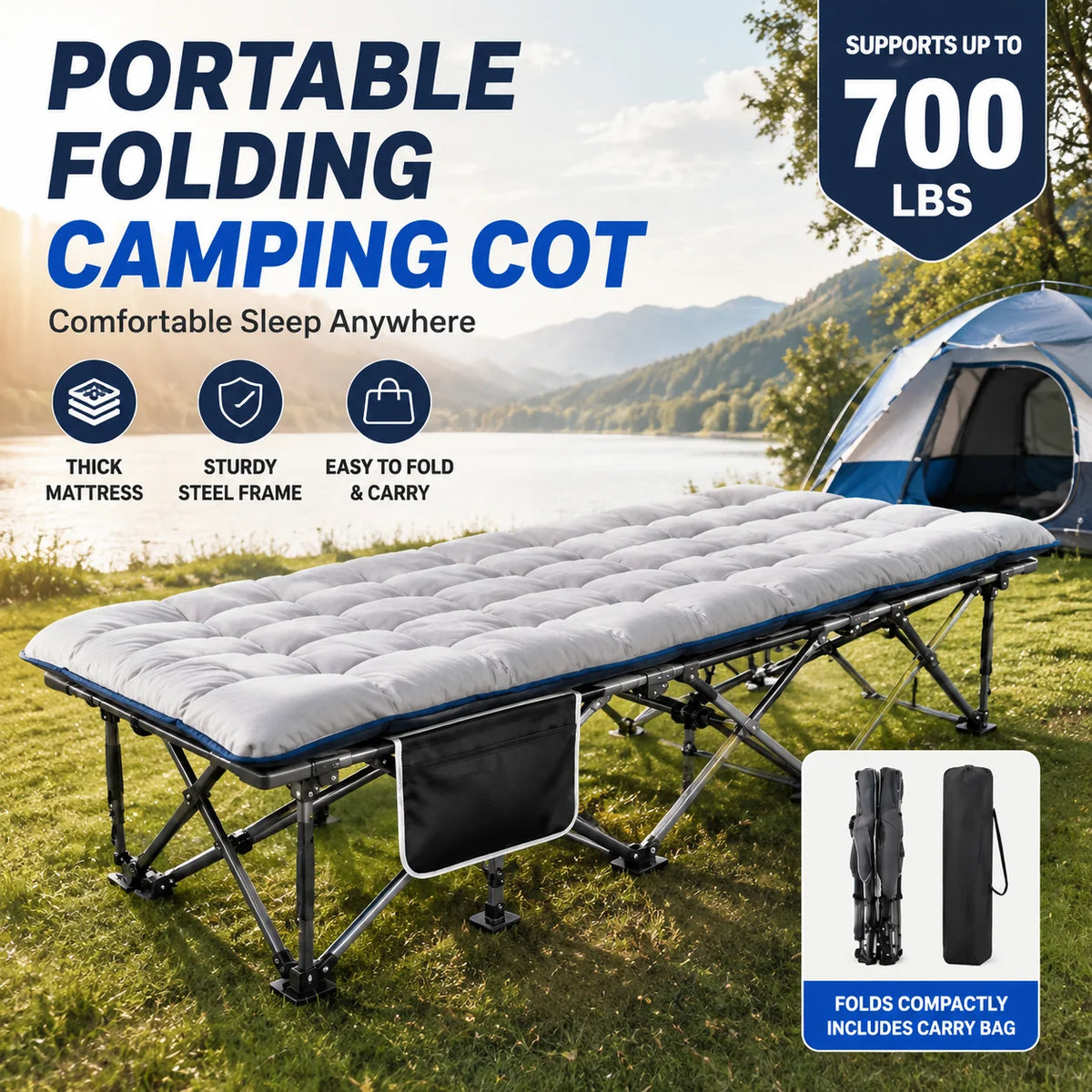 Portable Foldable Camping Cot With Thick Padded Mattress For Guests