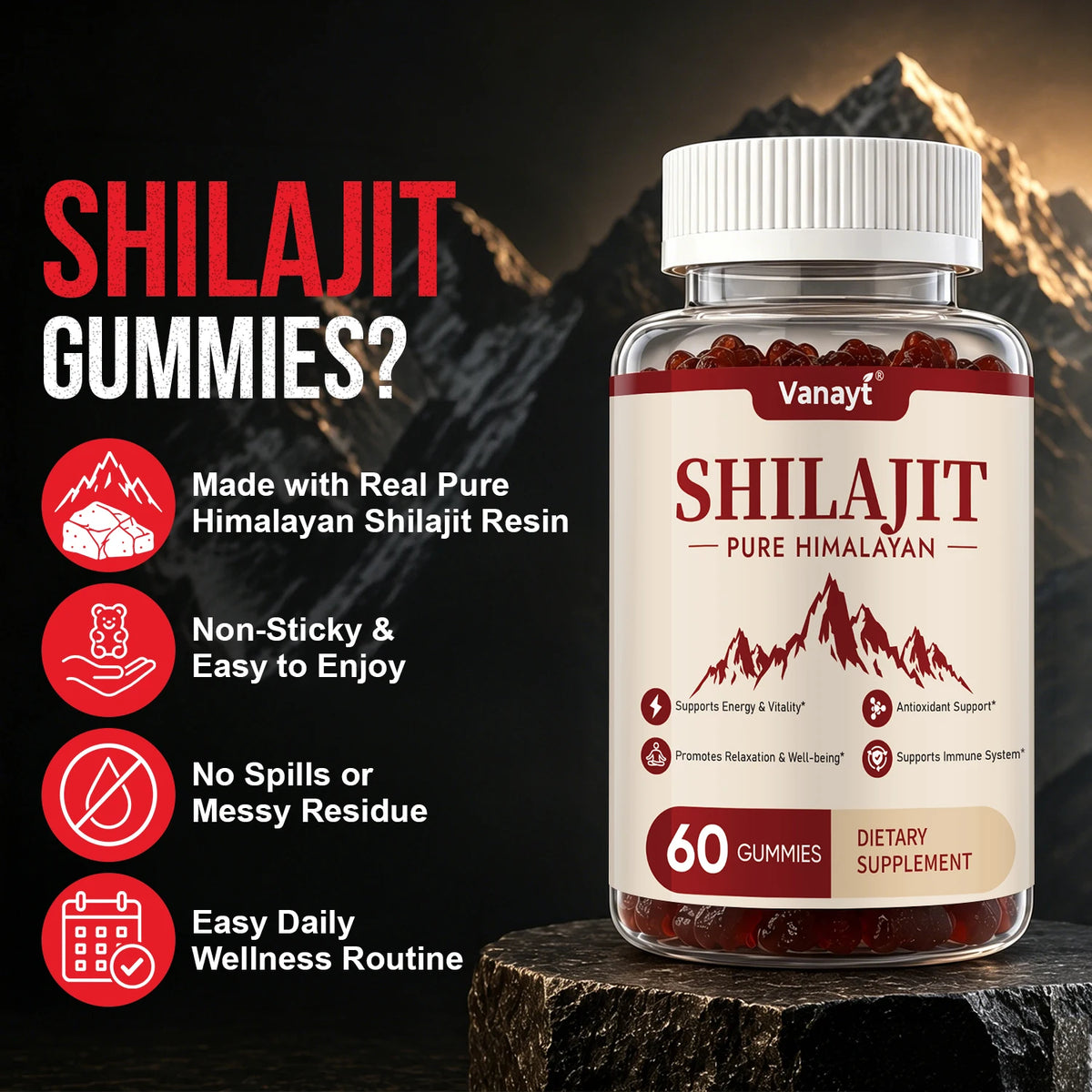 Vanayt Pure Himalayan Shilajit Gummies Ashwagandha Ginger Energy Supplement