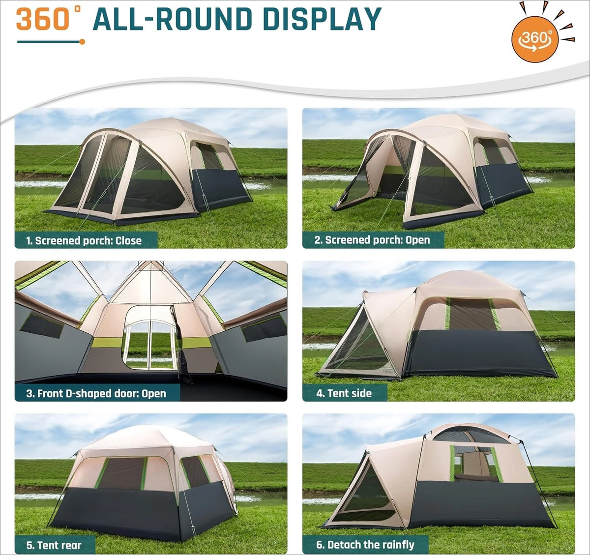 Weatherproof Family Camping Tent With Screen Porch And Rainfly